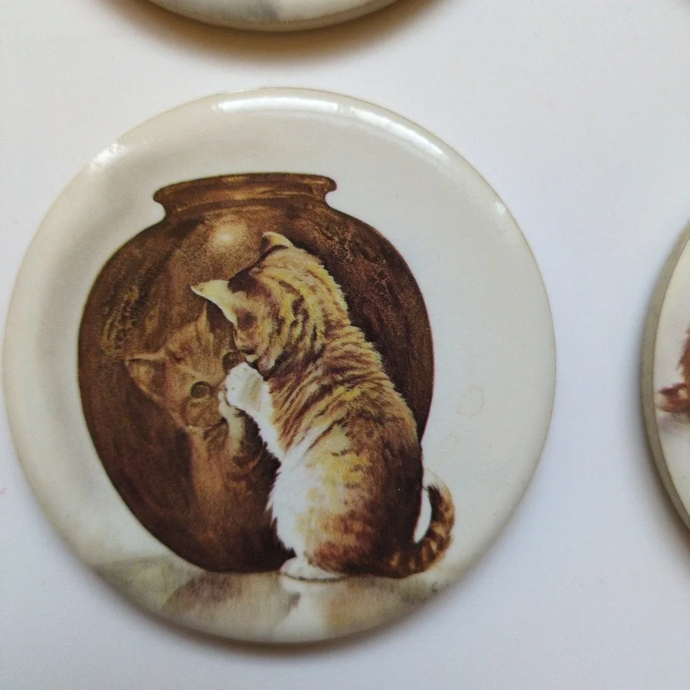 Vintage Kitty Cat Drink Coasters - Set of 4 with Oak Wood Holder‎ - USA Made